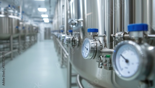 Industrial machinery with pressure gauges in a modern manufacturing facility. photo