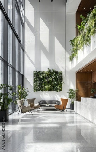 Modern Office Lobby Interior with Green Wall and Natural Light