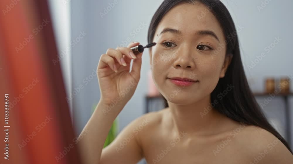 Young asian woman applying mascara in a spa salon beauty room, capturing a serene and self-care moment in a wellness center Young asian woman applying mascara in a spa salon beauty room, capturing a serene and self-care moment in a wellness center