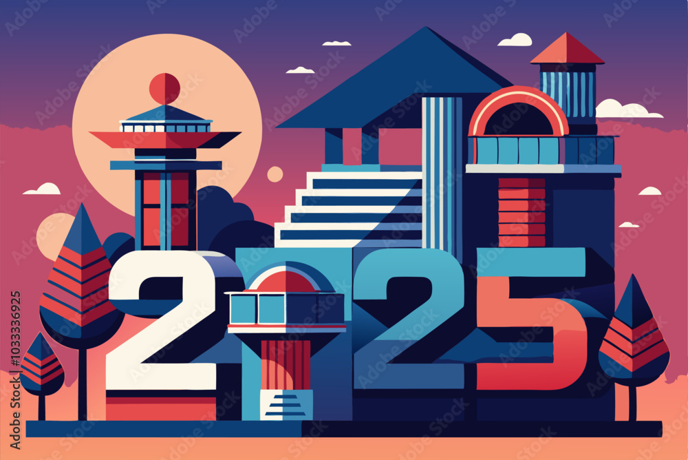 Fototapeta premium Futuristic architectural design with geometric shapes and 2025 elements