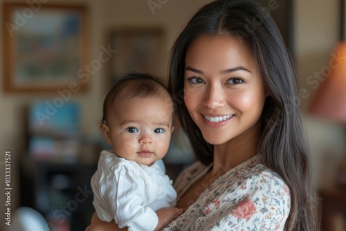 Businesswoman holding her baby while standing in her home office, Generative AI