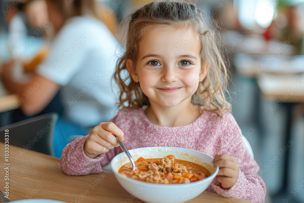 Smiling girl enjoying a bowl of soup with meat . Smiling girl enjoying a bowl of soup with meat .