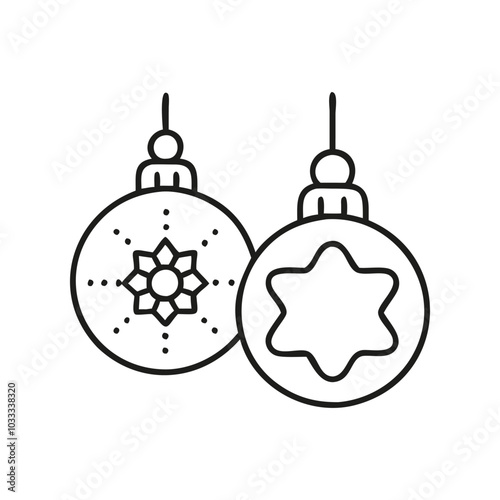 Black and white line art of two christmas ornaments, featuring star and geometric patterns. ideal for holiday-themed designs and decorations.