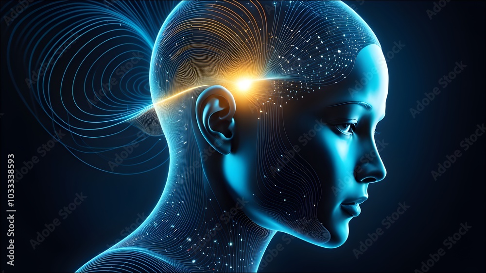 Visually represent the flow of data or light in the form of a human, Add digital patterns or flows around the human head to make it look like the AI is understanding human thoughts. Visually represent the flow of data or light in the form of a human, Add digital patterns or flows around the human head to make it look like the AI is understanding human thoughts.
