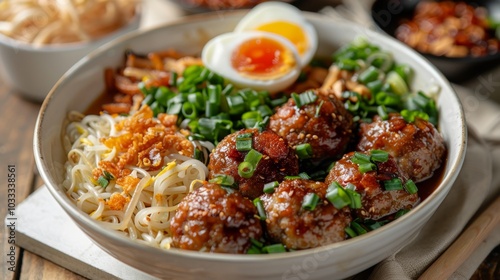 Noodles with meatballs, boiled egg, and vegetables are served in a bowl. Concept of a hearty and delicious meal. For food blog content..