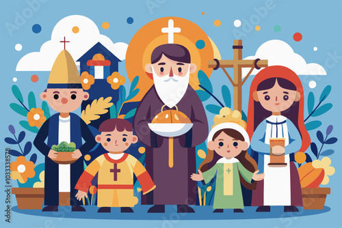 Traditional all saints day celebration with kids and clergy in church setting