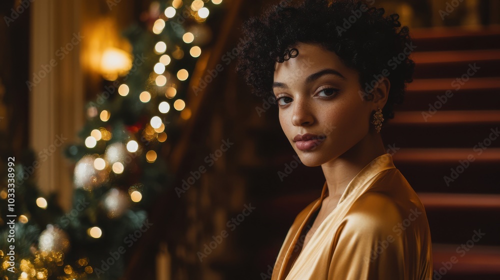 Half body shot of a French woman with short, curly hair, wearing a gold satin blouse, standing near a grand staircase wrapped in garland and Christmas lights, copy space, festive luxury, holiday Half body shot of a French woman with short, curly hair, wearing a gold satin blouse, standing near a grand staircase wrapped in garland and Christmas lights, copy space, festive luxury, holiday