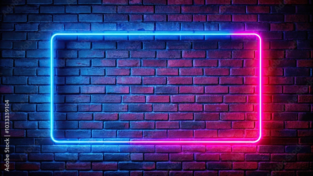 Bright blue and pink neon lights illuminating a brick wall abstract background from a wide-angle perspective Bright blue and pink neon lights illuminating a brick wall abstract background from a wide-angle perspective