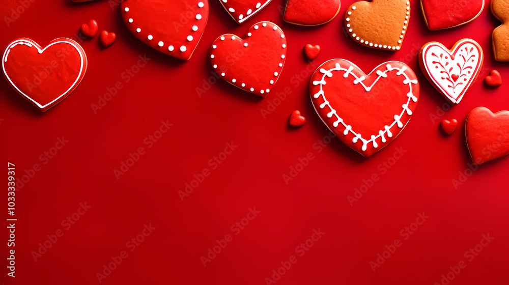 Heart-shaped cookies with sugar icing on red table. Valentines Day, Christmas, breakfast for loving. Heart-shaped cookies with sugar icing on red table. Valentines Day, Christmas, breakfast for loving.