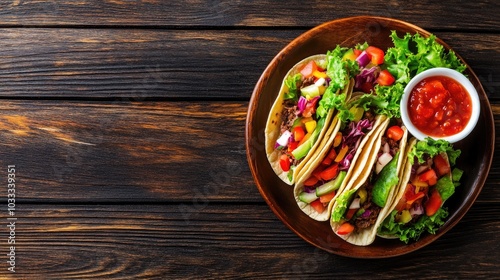 Fresh Tacos with Salsa on Wooden Table