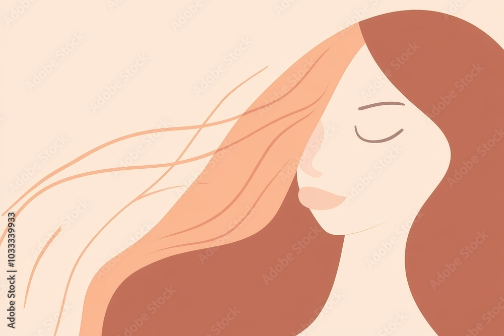 A serene woman with flowing hair experiencing a gentle breeze in a minimalist artistic design A serene woman with flowing hair experiencing a gentle breeze in a minimalist artistic design