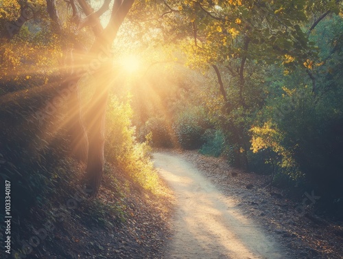 Scenic Forest Path Sunlight Trees Nature, Dreamy Woodland Morning Sun Rays, Magical Pathway Forest Light