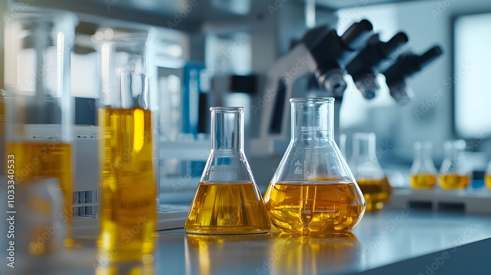 Two Erlenmeyer Flasks Filled with Yellow Liquid on a Lab Table