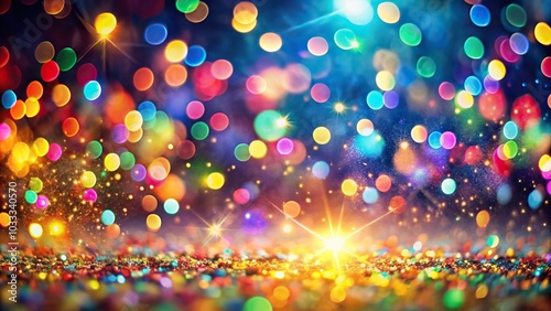 Bright colorful lights and confetti bokeh background