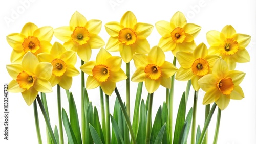 Bright daffodils isolated on white backdrop