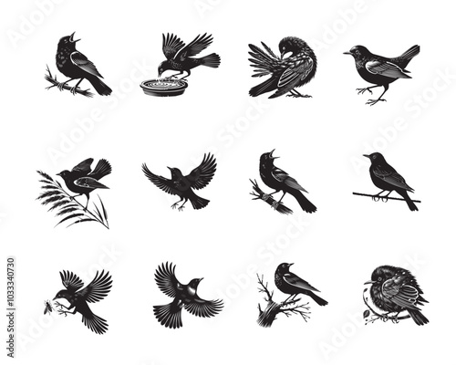 Collection of Common Blackbird Silhouette Design - Common blackbird Vector illustration
