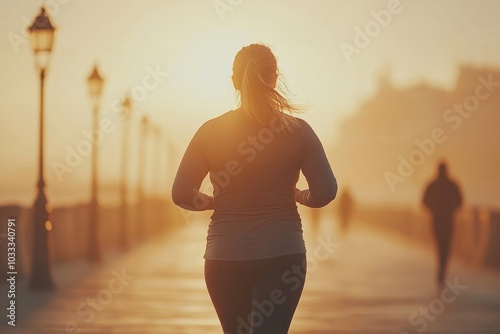 Overweight woman on power walk in morning, Generative AI