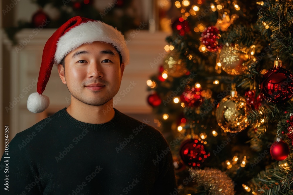 Portrait of an Asian man with short black hair, dressed in a dark green sweater with a Santa hat, standing next to a Christmas tree adorned with red and gold decorations, soft lighting, copy space