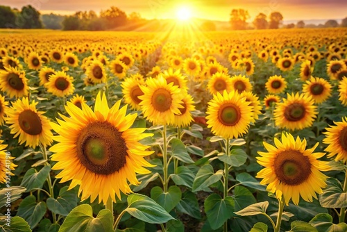 Bright golden sunflower field isolated background Bird Eye View