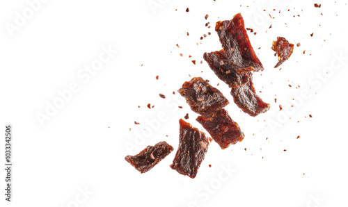 Beef jerky in the air on transparent background