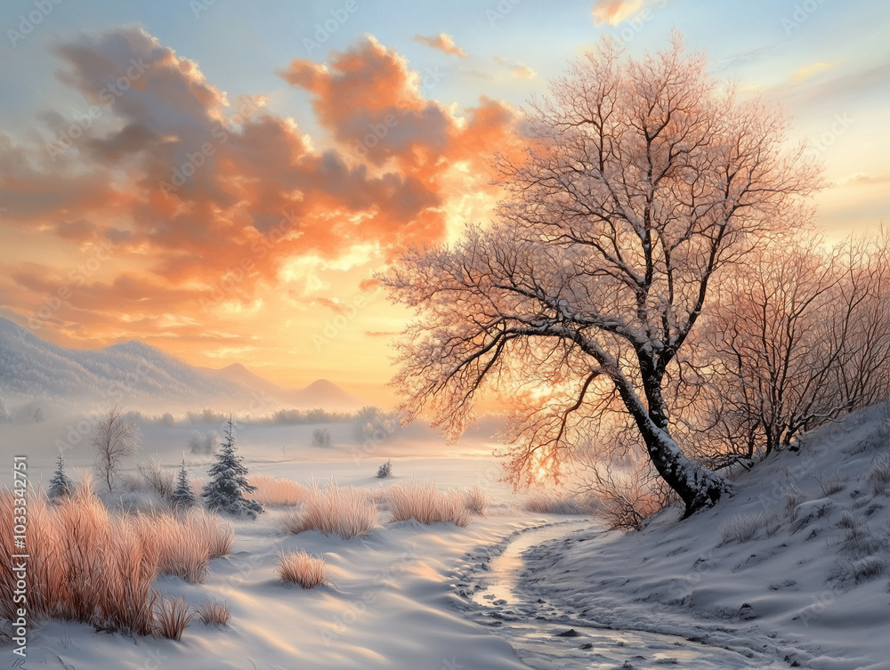 Serene Winter Sunset: Tranquil Snowy Landscape with Warm Sunlight, Frosty Horizon, and Magical Twilight Sky - Perfect Festive Morning or Evening Scenery Serene Winter Sunset: Tranquil Snowy Landscape with Warm Sunlight, Frosty Horizon, and Magical Twilight Sky - Perfect Festive Morning or Evening Scenery