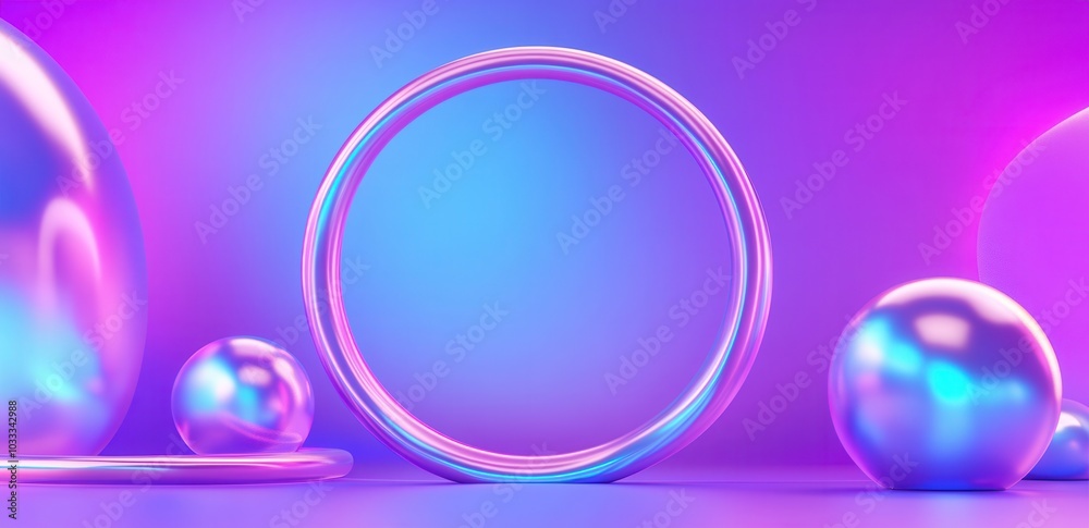 Obraz premium Colorful abstract composition with spheres and a ring on a vibrant gradient background.