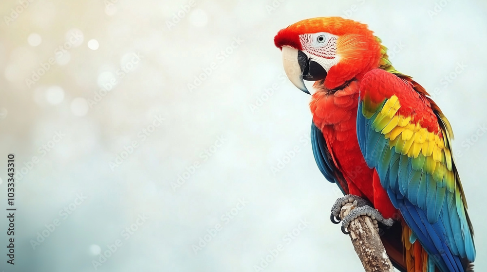 beautiful parrot on a white background, a colorful parakeet sitting on a branch, an exotic bird isolated on a blurred, bokeh-like, light pastel background, Generative AI beautiful parrot on a white background, a colorful parakeet sitting on a branch, an exotic bird isolated on a blurred, bokeh-like, light pastel background, Generative AI