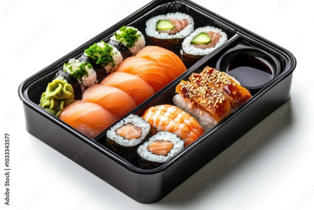 Bento box featuring an assortment of sushi, served with wasabi and soy sauce for a delightful dining experience. Bento box featuring an assortment of sushi, served with wasabi and soy sauce for a delightful dining experience.