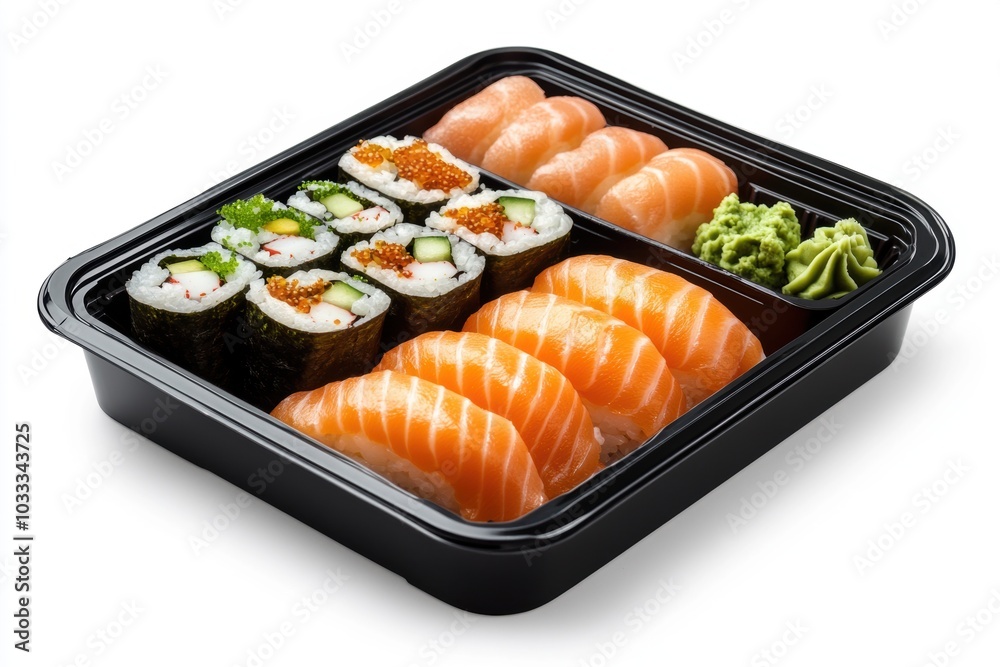Bento box featuring an assortment of sushi, served with wasabi and soy sauce for a delightful dining experience. Bento box featuring an assortment of sushi, served with wasabi and soy sauce for a delightful dining experience.