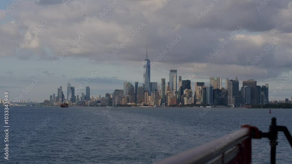 View of the NYC skyline from Staten Island Ferry with cloudy sky and calm water in the foreground View of the NYC skyline from Staten Island Ferry with cloudy sky and calm water in the foreground