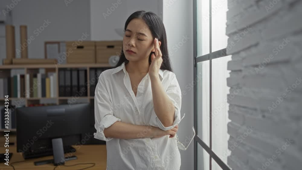Young woman removes glasses looking tired in an office interior in china Young woman removes glasses looking tired in an office interior in china