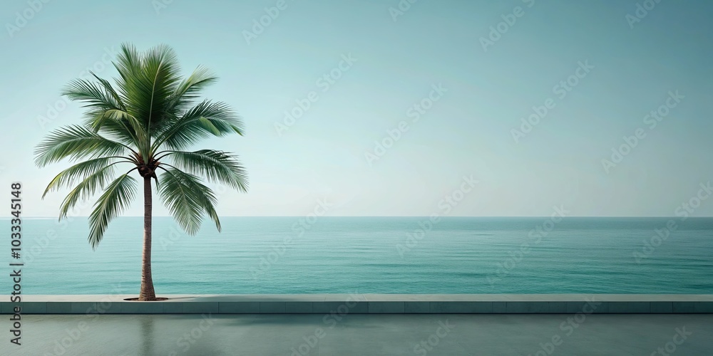 Obraz premium A lone palm tree stands tall on a concrete platform overlooking a vast expanse of azure water. The gentle breeze rustles the palm fronds as the sun casts a warm glow on the scene.