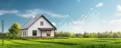 A charming house set in a lush green field, featuring a picturesque background and an overlay of upward trending graph lines symbolizing growth.