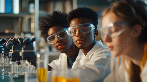 Three Students Wearing Safety Glasses in a Laboratory Setting