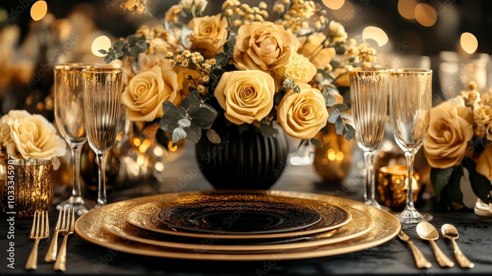 Fototapeta premium Elegant black gold invitation template prototype, featuring a simple design and exquisite gold decoration on a black background, presenting a simple yet luxurious appearance