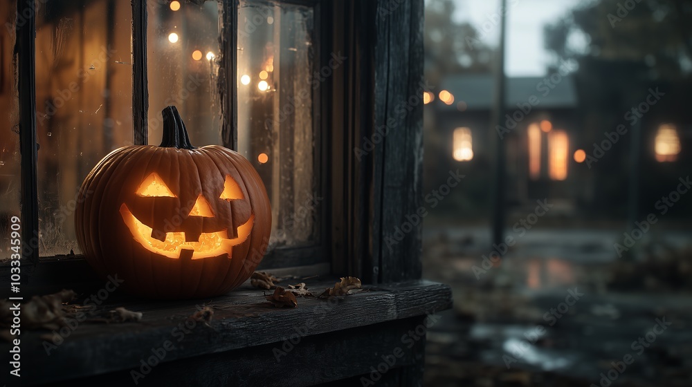 Fototapeta premium Spooky Pumpkin Glowing in the Window at Halloween Night