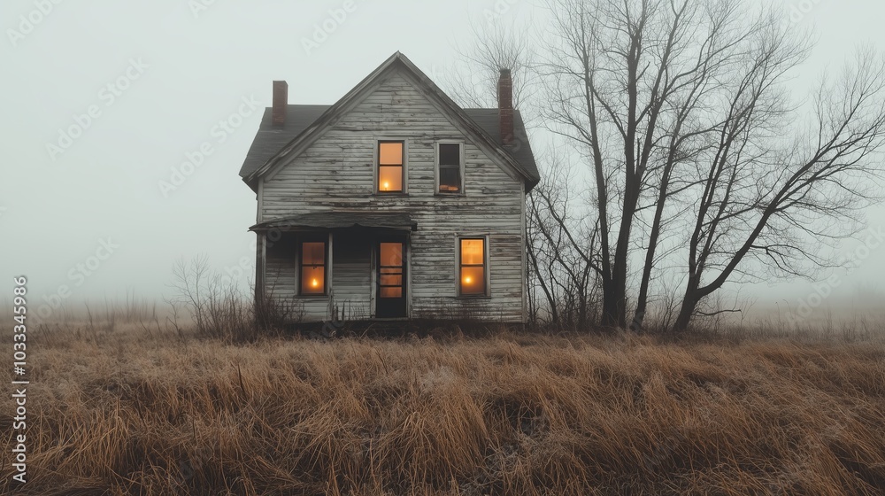 Haunting Abandoned House in Foggy Landscape Haunting Abandoned House in Foggy Landscape