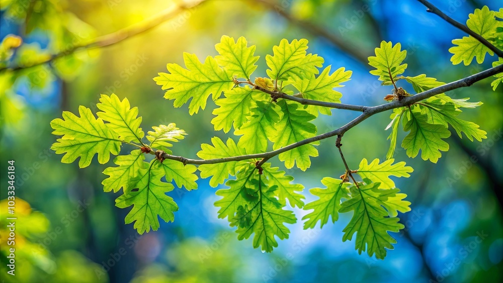 Sunlight Illuminates the Delicate Veins of Newly Emerging Oak Leaves Against a Vibrant Blue Sky Sunlight Illuminates the Delicate Veins of Newly Emerging Oak Leaves Against a Vibrant Blue Sky