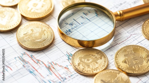 A magnifying glass sits over a stock chart with gold Bitcoin cryptocurrency coins.