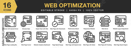 Web Optimization icon set. Editable Stroke Icon Collection. Includes layout, dashboard, web server, page cursor, and More. Outline icons vector collection.