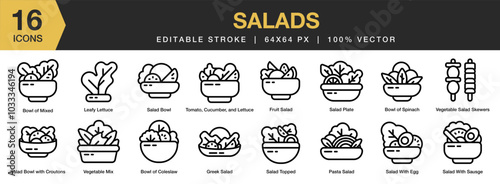 Salad icon set. Editable Stroke Icon Collection. Includes coleslaw, mixed, spinach, fruit, greek salad, and More. Outline icons vector collection.