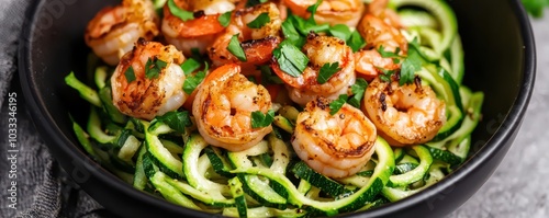 Delicious low carb keto pasta substitute: zucchini noodles topped with grilled shrimp for a healthy, protein-packed meal.