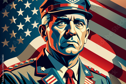 Patriotic military leader in uniform with american flag background