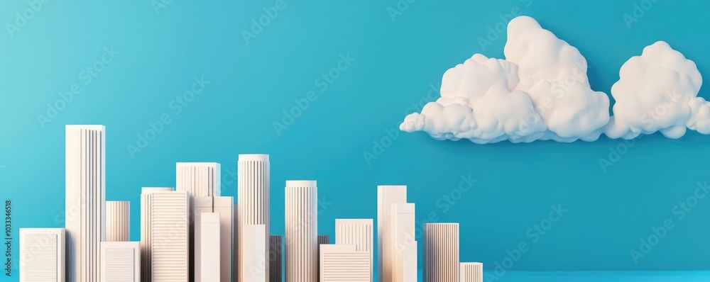 A modern skyline illustration featuring abstract geometric shapes against a vibrant blue background, contrasted with fluffy clouds. A modern skyline illustration featuring abstract geometric shapes against a vibrant blue background, contrasted with fluffy clouds.