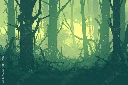 A haunted forest with fog rolling through twisted trees, cozy vibe, Generative AI