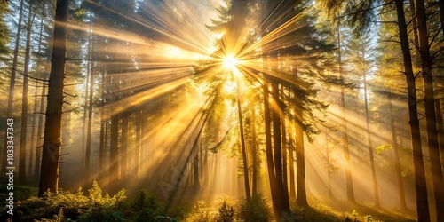 Golden Sunlight Bathes A Forest In Warm Light, Casting Long Shadows Through The Dense Canopy, Creating A Surreal And Peaceful Scene