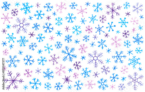 Big collection of different blue and purple snowflakes. Winter, snowfal. Doodle drawing by hand with colored pencils. Cute children's drawings with crayon. Cristmas and New Year's design element.