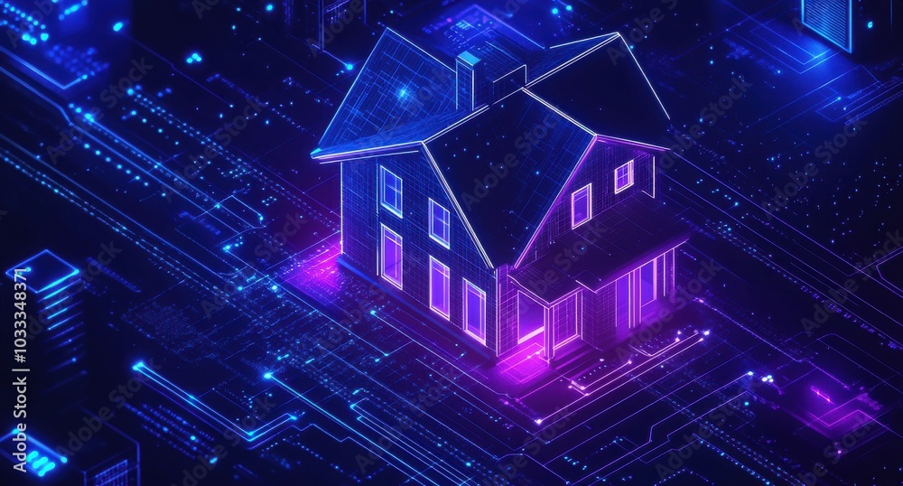 Futuristic isometric house design with digital technology and glowing blue background Futuristic isometric house design with digital technology and glowing blue background