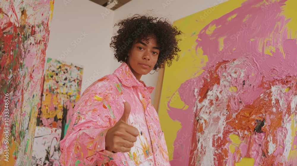 Ultra-Detailed Artist Giving Thumbs Up in Colorful Studio with Abstract Painting on Canvas Ultra-Detailed Artist Giving Thumbs Up in Colorful Studio with Abstract Painting on Canvas