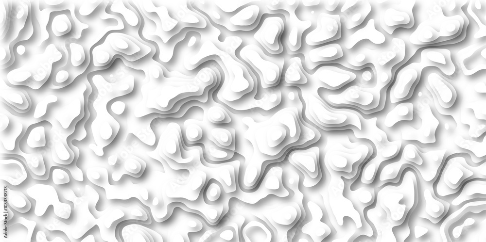 Gray Stylized Bokeh Effect Topographic Contour Scheme and Terrain on old paper. Geographic mountain terrain. Contour map background. Cartographic Weave with seamless striped patterns and wavy edges